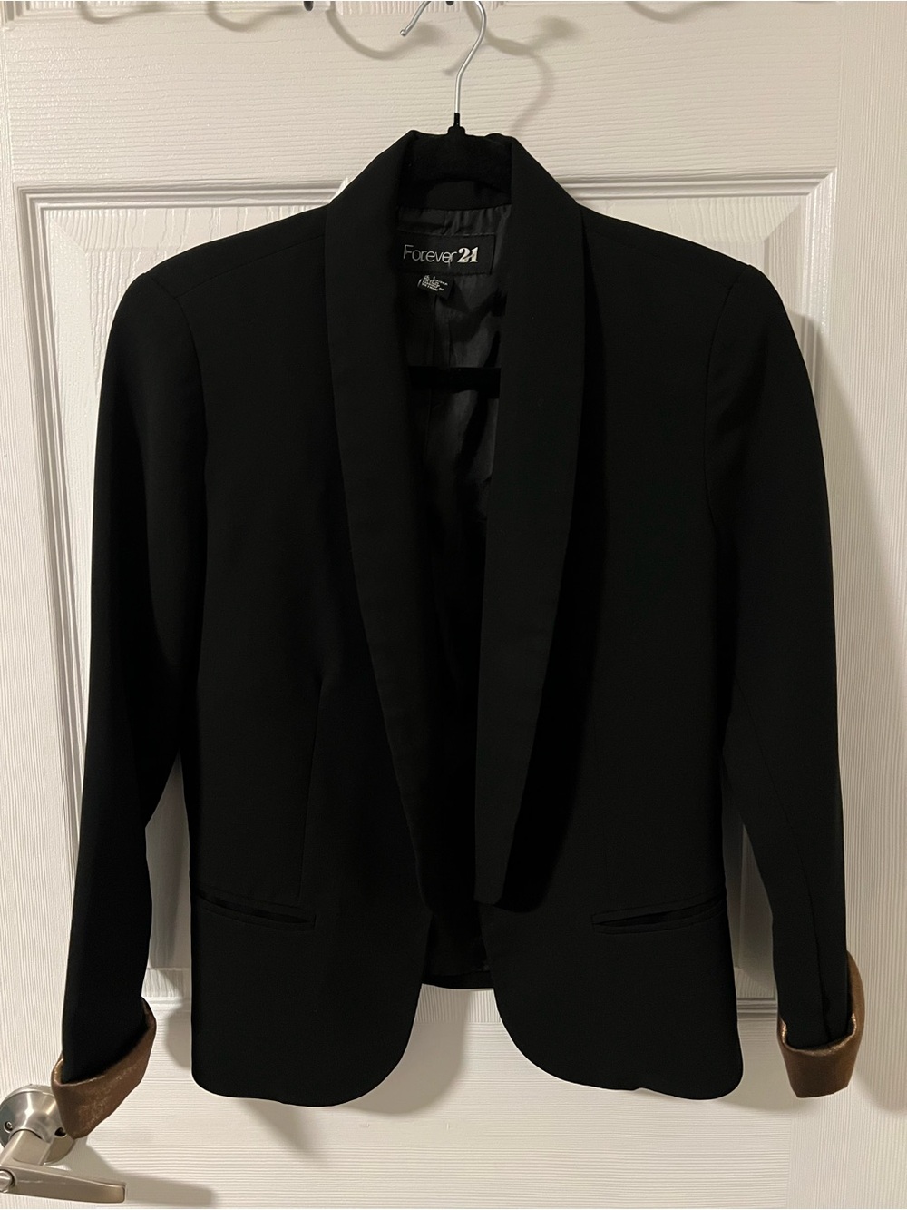Forever 21 Black Shawl Collar Blazer with Brown Cuff Detail
